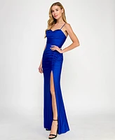 Seni & Cade Juniors' Satin Side-Slit Ruched Gown