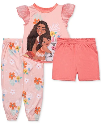 Moana Toddler Girls Frill-Sleeve Pajama Top, Shorts & Jogger Pants, 3 Piece Set
