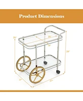 2-Tier Tempered Glass Bar Cart with 2 Large Aluminum Wheels and 2 Rolling Casters