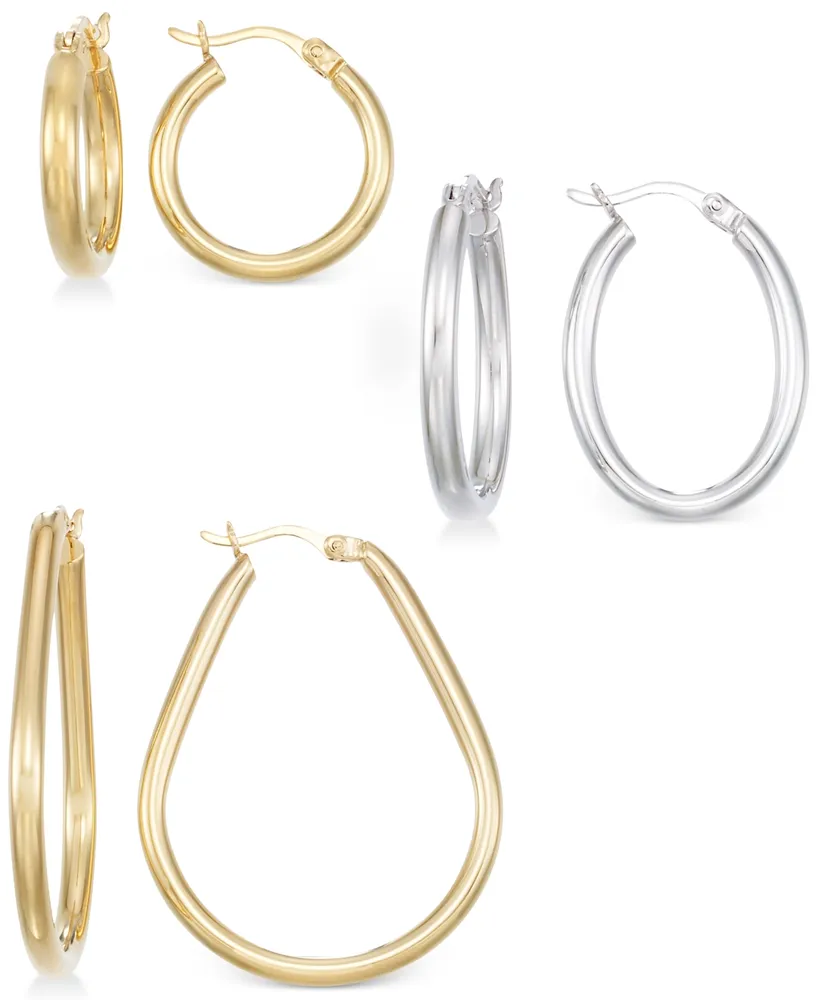 Set of Three Hoop Earrings 14k Yellow Gold Vermeil and Sterling Silver