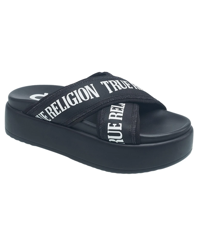 True Religion Alia Cross Strap Slip on Platform Sandal