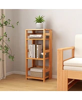 4-Tier Bookshelf Rubber Wood Bookcase with Side Fences for Living Room