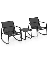 2 Rocking Bistro Chairs with Glass-Top Table Cozy Outdoor Patio Set for Porch, Yard, or Balcony