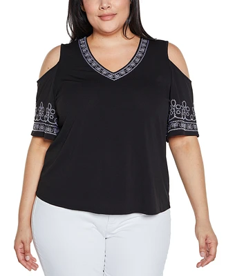 Belldini Plus Black Label Embroidered Cold-Shoulder Knit Top