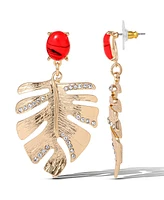 Jessica Simpson Gold-Tone Tropical Leaf Drop Earrings with Red Accents – Statement Earrings with Crystal Detailing