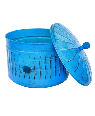 Decorative Metal Garden Hose Holder Pot with Lid - Uv-Resistant Blue Patina Finish - Holds up to 100-Foot Hose