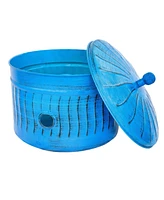 Decorative Metal Garden Hose Holder Pot with Lid - Uv-Resistant Blue Patina Finish - Holds up to 100-Foot Hose