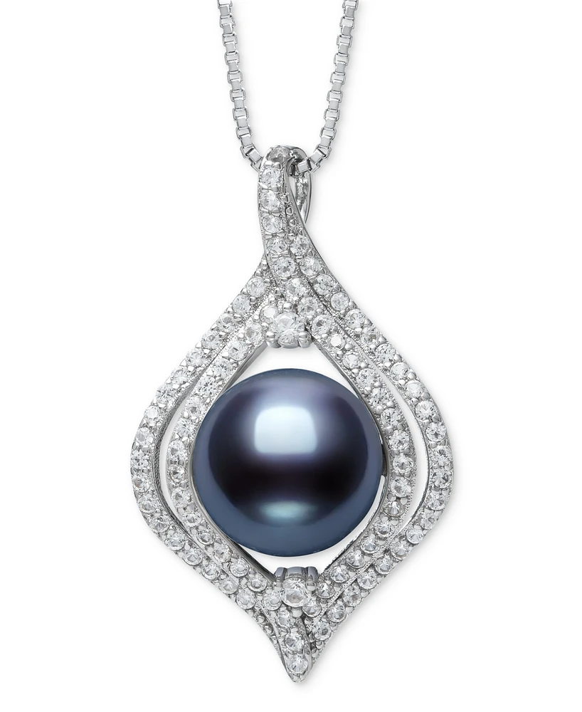 Belle de Mer Dyed Black Peacock Cultured Freshwater Pearl (9-10mm) & Lab Created White Sapphire (1 ct. t.w.) Pendant 18" Necklace in Sterling Silver