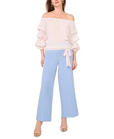 Vince Camuto Women's Sheer-Printed Off-The-Shoulder Bubble 3/4-Sleeve Tie-Front Blouse