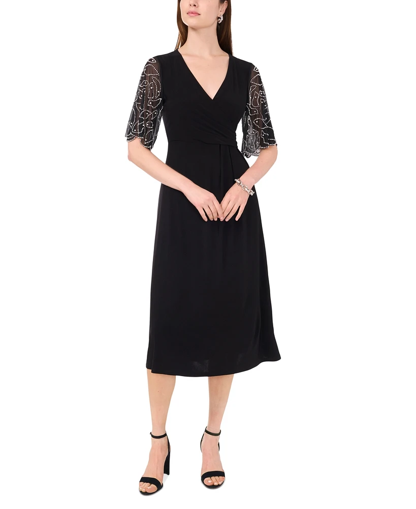 Msk Petite V-Neck Embellished-Sleeve Midi Dress