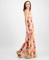 julia jordan Women's Pleated Floral Print Halter Maxi Dress