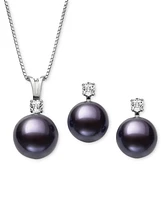 Belle de Mer 2-Pc. Set Dyed Black Peacock Cultured Freshwater Pearl (9-10mm) & Lab-Created White Sapphire (1/3 ct. t.w.) Pendant Necklace Stud Earri