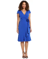 London Times Petite Short-Sleeve V-Neck Faux-Wrap Dress