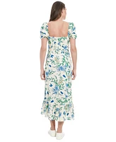 London Times Petite Linen-Blend Floral-Print Maxi Dress