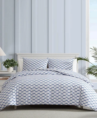 Nautica Woodblock Fish Percale 3-Pc. Duvet Cover Set
