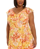 London Times Plus Floral Chiffon Ruffle-Neck Maxi Dress