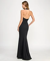 Seni & Cade Juniors' Plunging Black Halter Gown