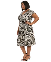 London Times Plus Printed V-Neck Flutter-Sleeve Dress