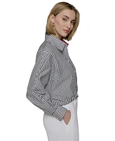 Karl Lagerfeld Paris Women's Cotton Striped Contrast-Collar Drawcord Button-Front Top