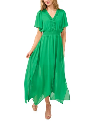CeCe Women's Flutter-Sleeve Ruched V-Neck Smocked-Waist Maxi Dress