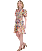 Vince Camuto Women's Printed Cotton Ruffle-Neck Tie-Waist Dress