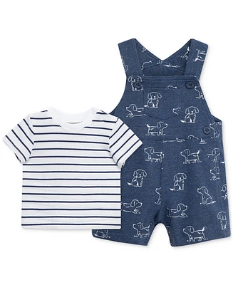 Little Me Baby Boys Cotton Striped T-Shirt & Puppy Shortall, 2 Piece Set