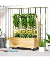 Outsunny Wood Planter with Trellis and Wheels Raised Planter Box, Natural