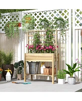 Outsunny Wooden Raised Planter with Trellis, Garden Box with Storage Shelf