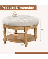 Large Round Ottoman Coffee Table 2-Tier Upholstered Tufted Footrest Ottoman with Flip-up Top