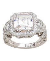 Suzy Levian Sterling Silver Asscher Cut Cubic Zirconia French Filigree Ring