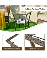 3 Pieces Outdoor Hand-Woven Pe Rattan Conversation Set with Tempered Glass Side Table