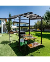 8×5FT Gray Arc Hardtop Grill Gazebo Canopy with 2-Tier Roof & Side Shelves, Waterproof Bbq Tent