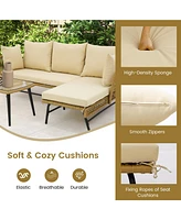 3 Pieces L-Shaped Patio Sofa with Cushions and Tempered Glass Table