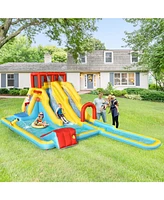Dual Slide Inflatable Water Park with Climbing Wall & Bouncer Fun Outdoor Playset for Kids