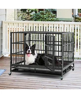 48 Inch Foldable Heavy-Duty Metal Dog Cage with Lockable Rolling Casters and Tray