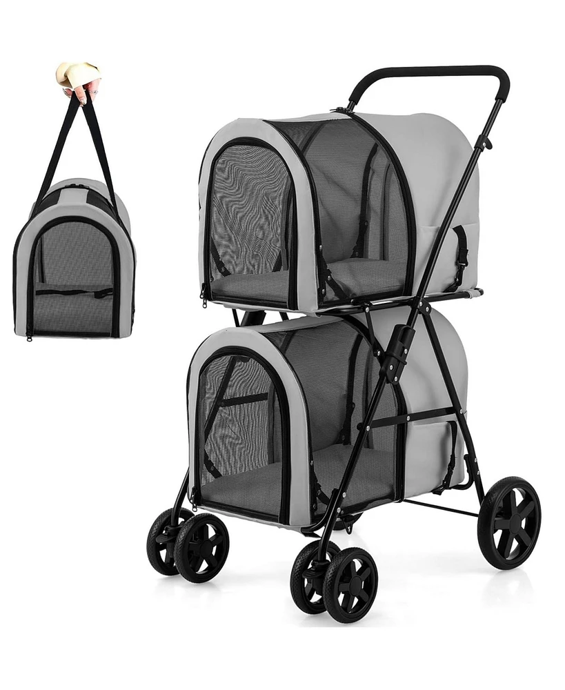 4-in-1 Double Pet Stroller with Detachable Carrier and Travel Carriage