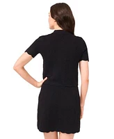 Cece Womens Scalloped Jewel Button Short Sleeve Sweater Flare Scalloped Wavy Knit Mini Skirt