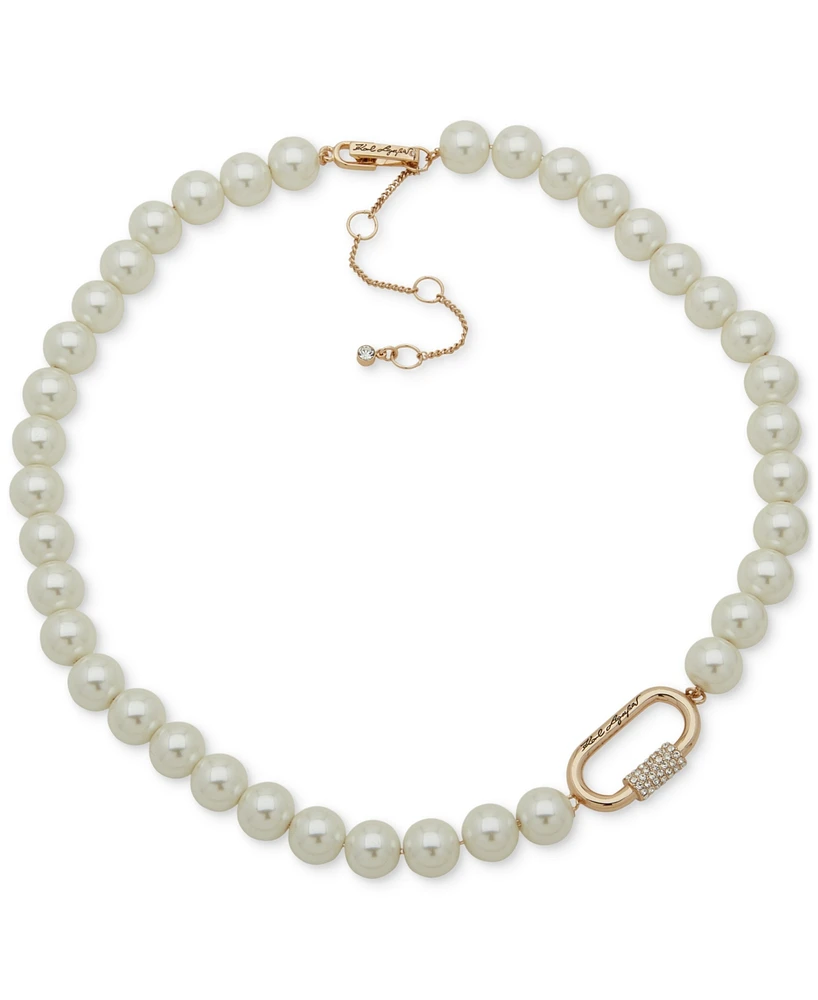 Karl Lagerfeld Paris Gold-Tone Pave Carabiner Imitation Pearl Beaded Collar Necklace, 16" + 3" extender