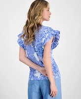 Nautica Jeans Women's Printed Flutter-Sleeve Top