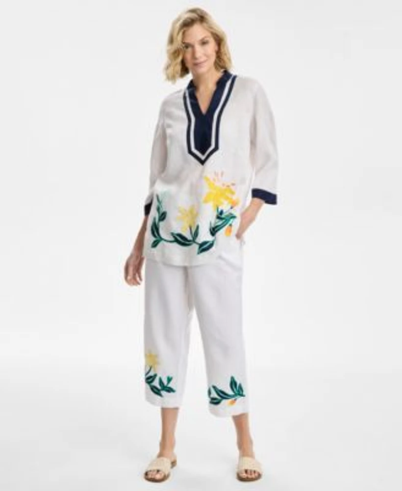 Charter Club Womens Embroidered 3 4 Sleeve 100 Linen Tunic Top Embroidered 100 Linen Drawstring Pants Exclusively At Macys