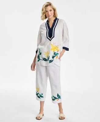 Charter Club Womens Embroidered 3 4 Sleeve 100 Linen Tunic Top Embroidered 100 Linen Drawstring Pants Exclusively At Macys