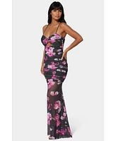 bebe Women's Twist Front Mermaid Mesh Gown