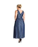 Women's Plus V-Neck A-Line Tencel Denim Maxi Dress