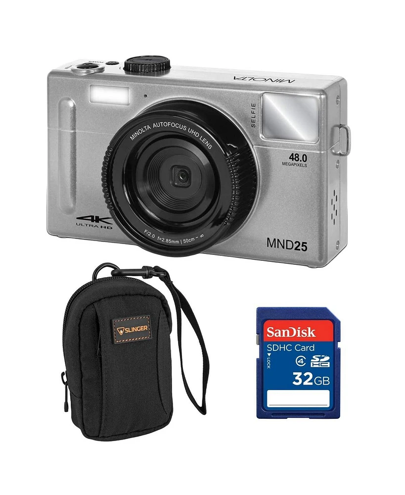 Minolta Minolta MND25 Digital Camera, 48 Mp Autofocus, 4K Ultra Hd Camera with Selfie Mirror & 32GB Sd Card, Silver, Bundle with Slinger Camera Bag