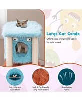 Cute Monster-Themed Cat Tower with Private Condo & Soft Long Plush Cozy & Fun Playhouse for Cats