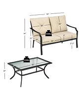 2 Pieces Patio Outdoor Cushioned Sofa Bench with Coffee Table