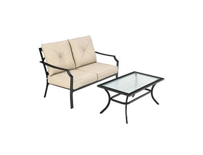 2 Pieces Patio Outdoor Cushioned Sofa Bench with Coffee Table