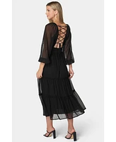 bebe Women's Lace Up Back Chiffon Midi Dress