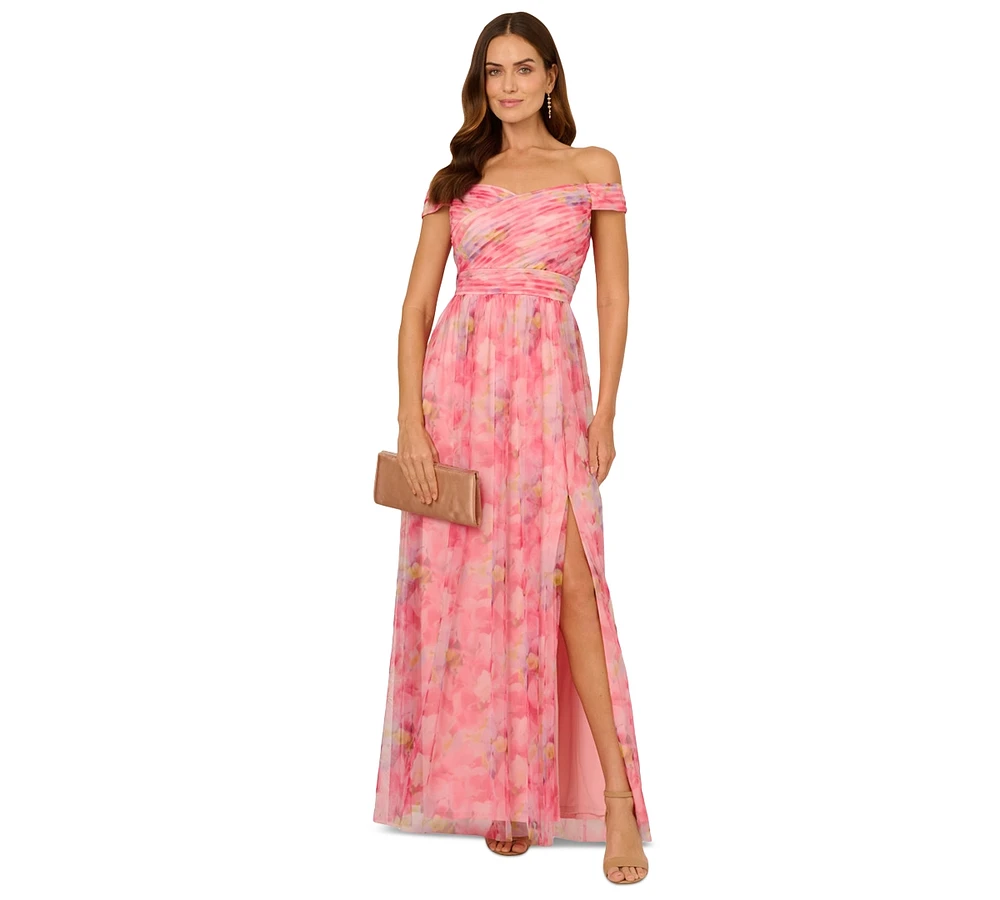 Adrianna Papell Petite Off-the-Shoulder Tulle Gown