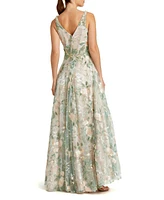 Women's Floral Embroidered Illusion V-Neck Gown